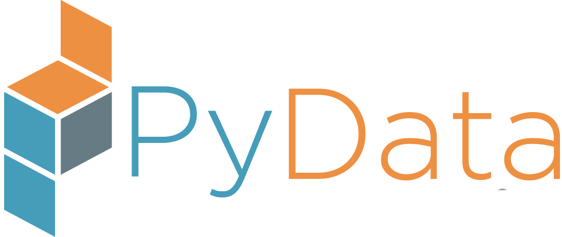 PyData logo with a photo image of downtown Portland with bridges in the background